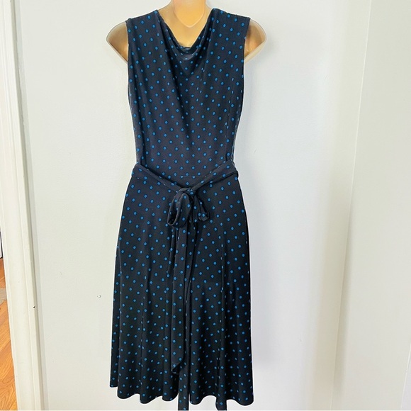 Ralph Lauren Chic Navy Polka Dot Wrap Dress Flattering A-Line Midi Sleeveless - Picture 4 of 5